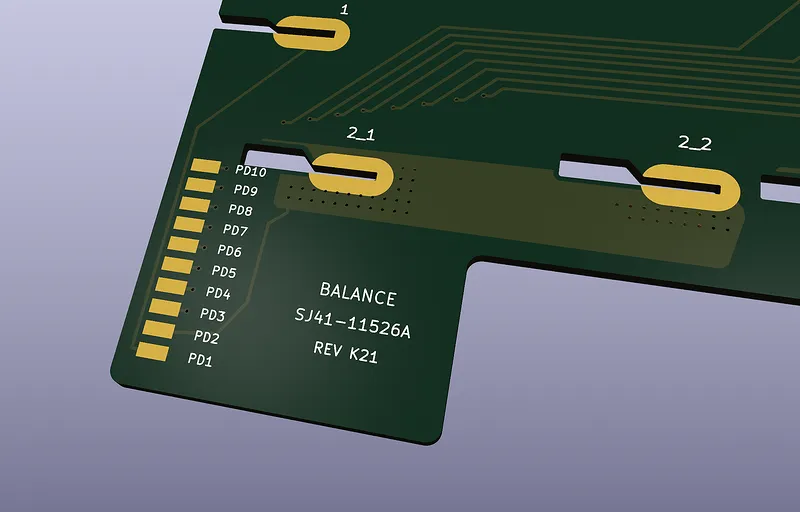 Close-up van de contacten PD1 tot en met PD10 en het label BALANCE SJ41-11526A REV K21
