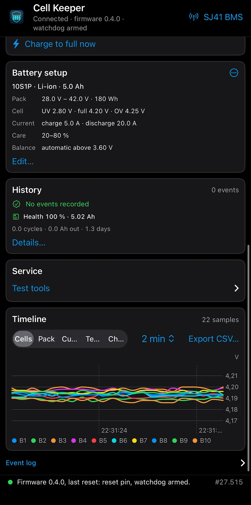 Cell Keeper op iOS: accu-instellingen, historie, servicetools en een tijdlijn met spanning per cel (gesimuleerde waarden)