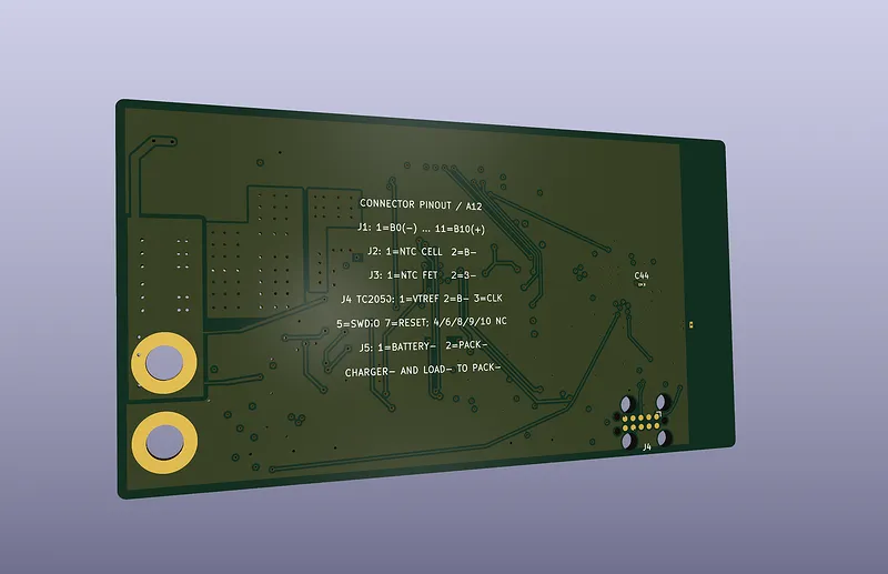 KiCad-render van de onderkant met de connector-pinout in silkscreen en de Tag-Connect-footprint