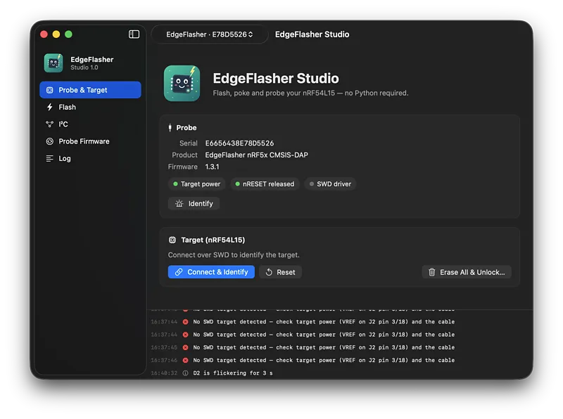 Screenshot van EdgeFlasher Studio met probe-info, targetstatus en een log