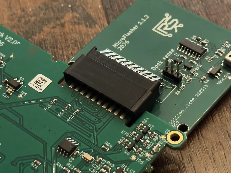 Een print met edge-fingers in de card-edge connector van de MicroFlasher